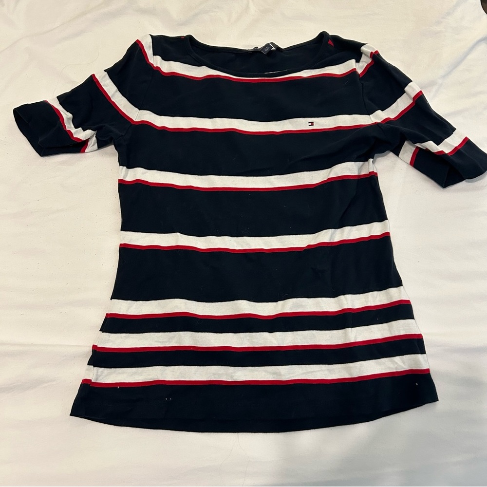 Tommy Hilfiger blue, red, and white stripped shirt